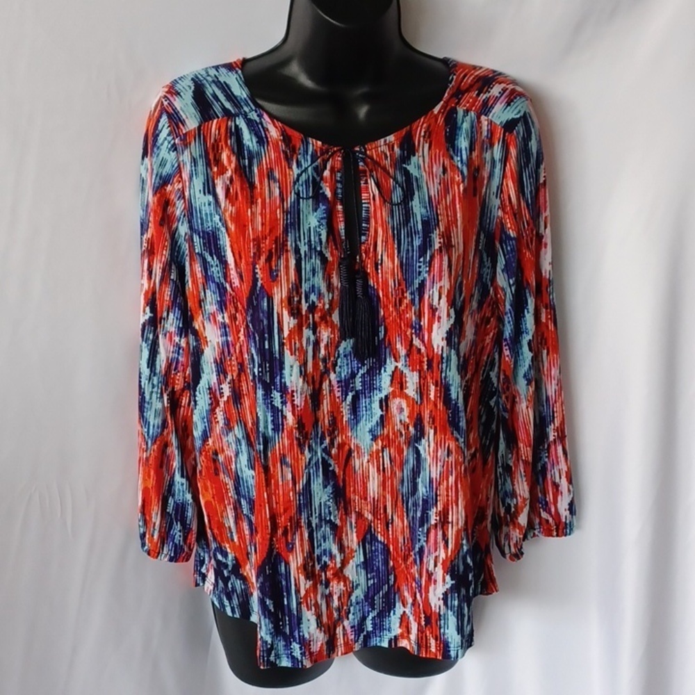 NWT Cupio Red blue Purple Stretch tie Neck Long Sleeve Pullover Tunic Top M